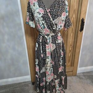 Floral Wrap Dress with Pink and Black Accents